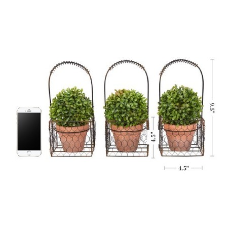 Hastings Home Set of 3 Faux Boxwood 9.5-inch Tall Topiary Arrangements in Decorative Metal, Indoor Home or Office 718727DFM